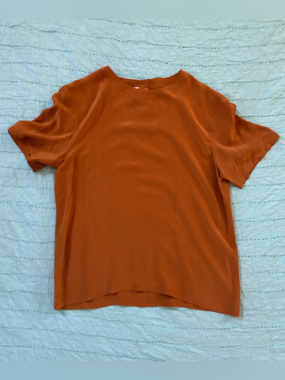 100% Silk Boutique Short Sleeve Blouse Rust Orange Button Detail S Fall
